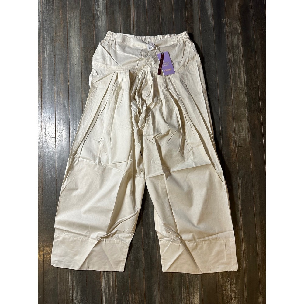 Ethnc Casual Womens Cream Wide Leg Pleated Trousers Elastic Waist Pants NWT